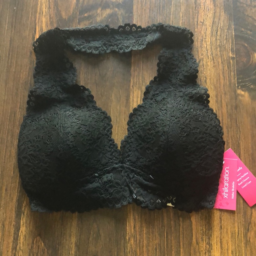 NWT Open Back Bra / Bralette in Black Lace  s. S Halter Lined Cup